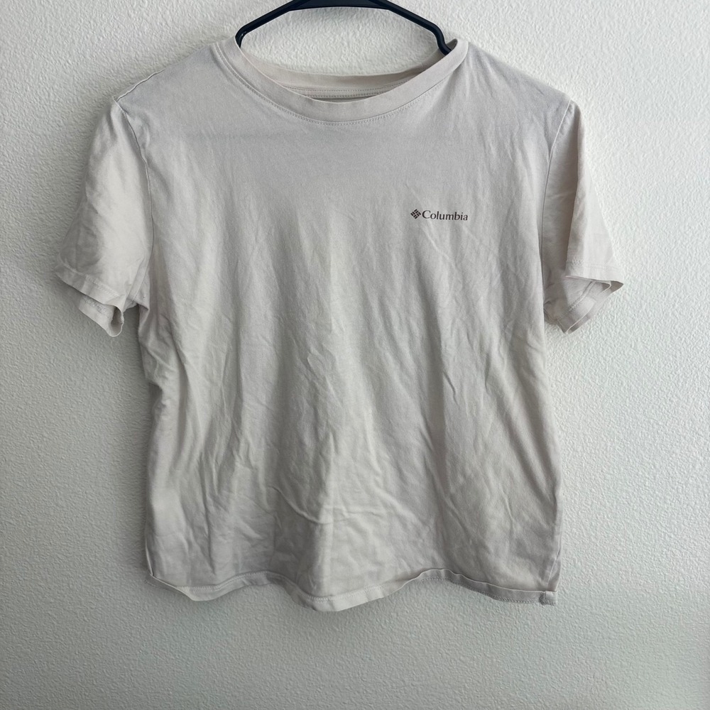 Columbia Womens Small Cream Desert Graphic T-Shirt Cotton Short Sleeve Tee Logo